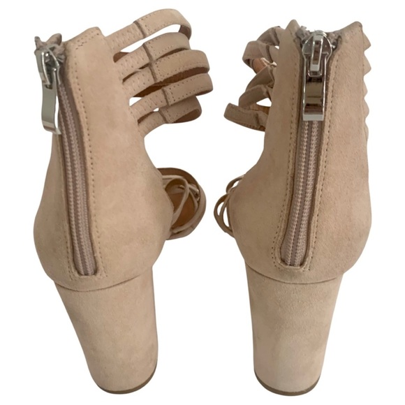 HALOGEN Block Heel Suede Zip Up Strappy Sandals Blush Tan Beige Summer Party - Picture 7 of 15